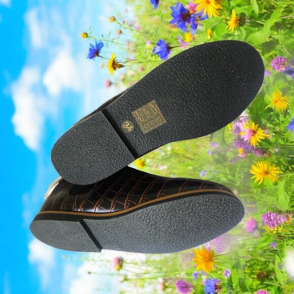 FINTOES Brown Crocodile Embossed Leather Knit Sock-like Collar Kid Shoe Sz 4 NEW - Picture 3 of 4